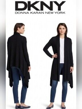 DKNY Cozy Black Cashmere Silk Open Front Long Cardigan Wrap Duster Sweater P S